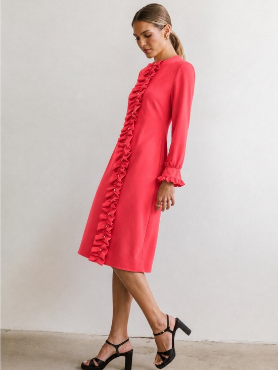 Vintage Dresses & Skirts - 60’s Vintage Handmade Coral Ruffle-Front Long Sleeve Dress